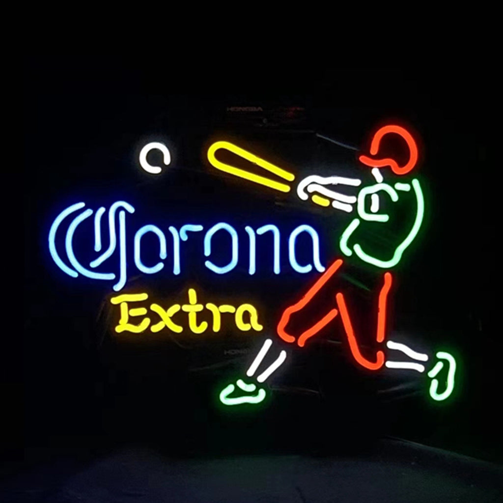 Corona Extra Baseball Player Neon Sign Light with Real Glass Tubes and Metal Grid, 17" x 14" Backing Size