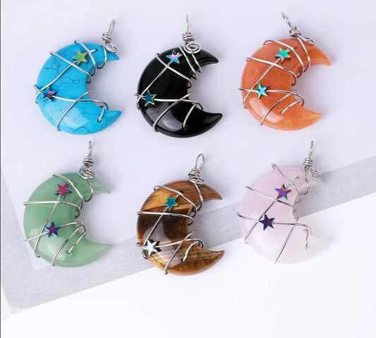 Crystal Crescent Moon and Star Silver Necklace