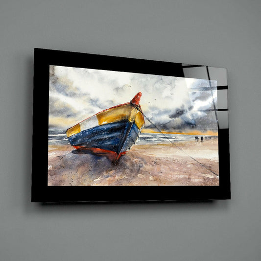 Fishing Boat Glass Wall Art - Painterly Coastal Watercolor Digital Print Behind Tempered Glass