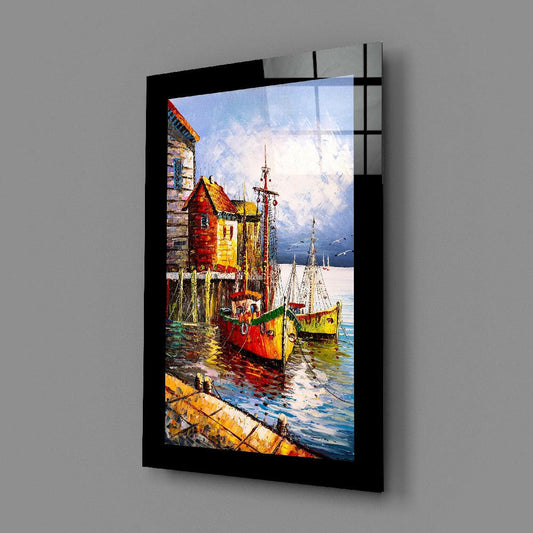 Fishing Town Glass Wall Art - Painterly Coastal Harbor Scene Under Tempered Glass