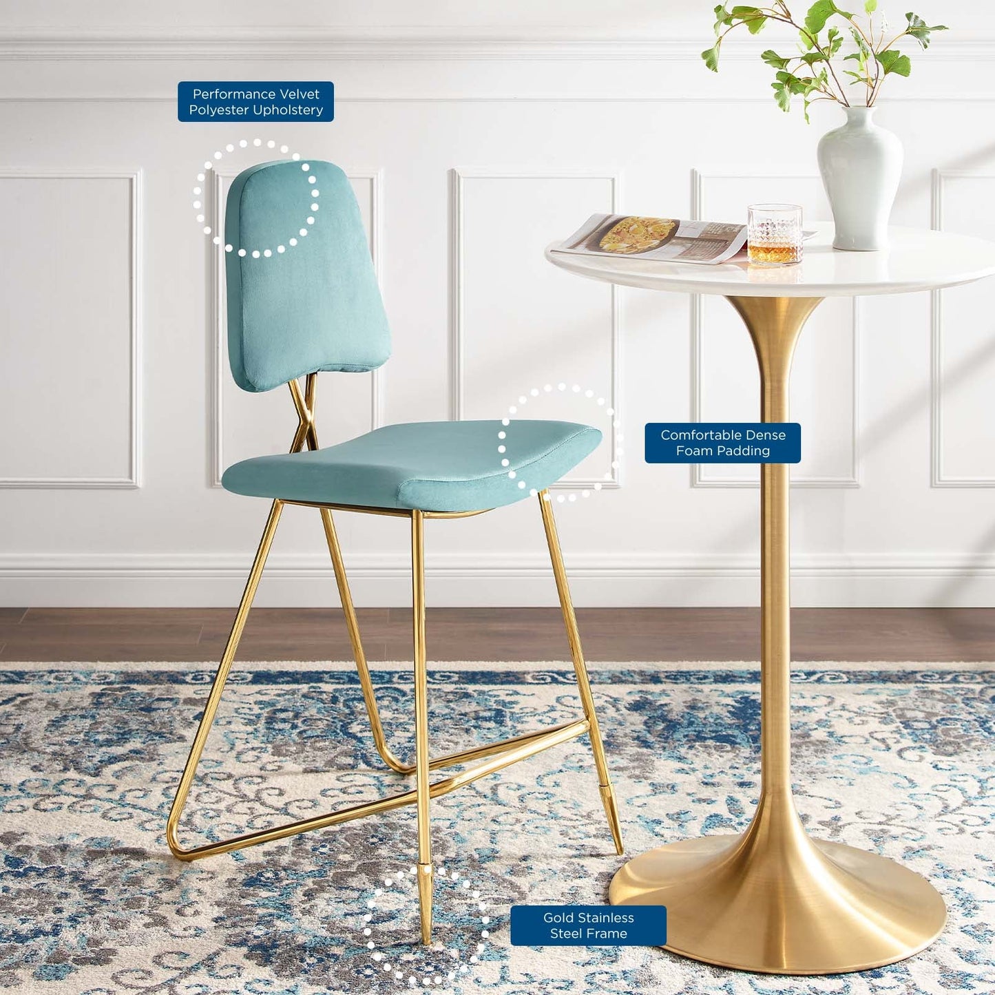 Ponder Performance Velvet Bar Stool Set of 2 by Modway