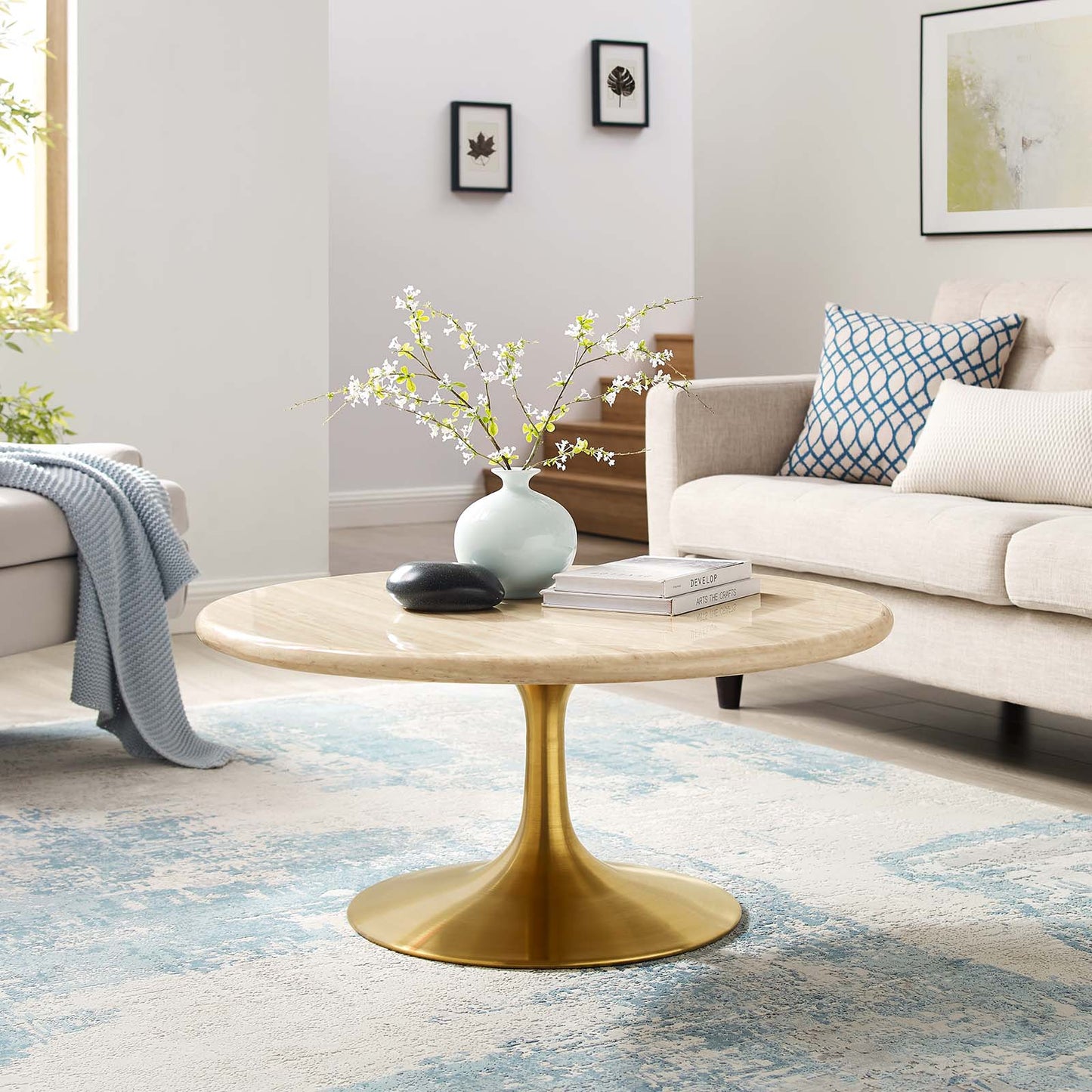 Lippa 36Ó Round Faux Travertine Coffee Table by Modway
