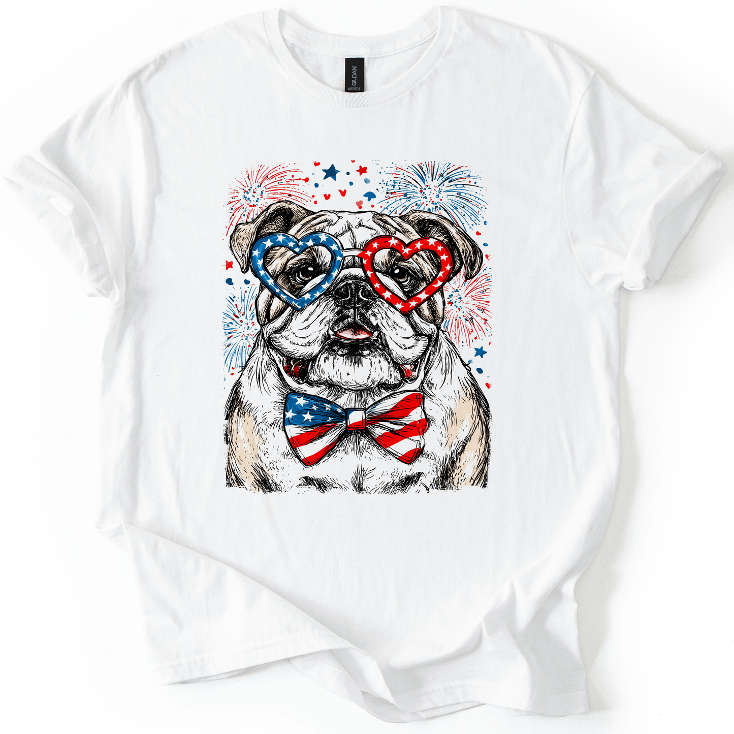 English Bulldog Patriotic Dog With American Flag Emblems For Fourth Of July Celebration Graphic Tee