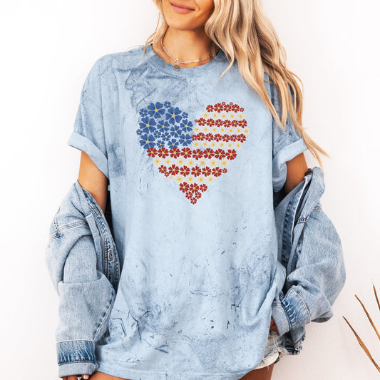 Floral Heart Patriotic Color Blast USA 4th Of July Vintage Americana Graphic Elements Comfort Colors Tee