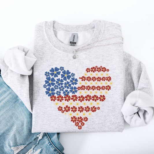 Floral Heart Patriotic Americana Emblem With Red White Blue Accents And Stars Sweatshirt