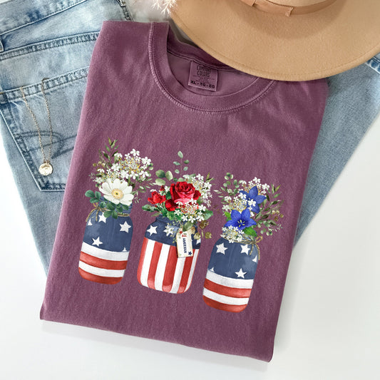 Flowers In Mason Jars All American Patriotic Floral Print Vintage Americana Heritage Comfort Colors Tee