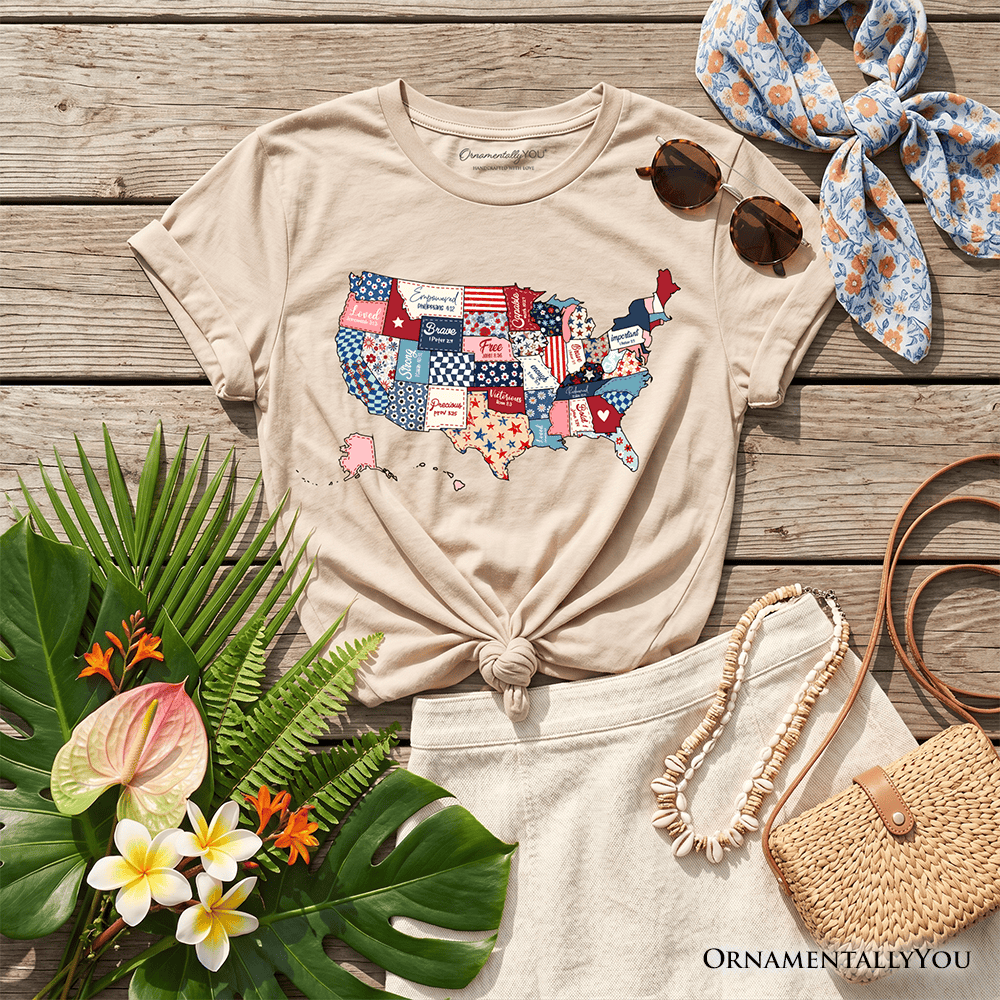 Kids Patriotic Patchwork USA T-Shirt, Quilted Map Youth Tee for American Fans