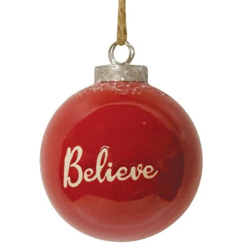 Red Ceramic Ornament "Believe" (Pack of 4)
