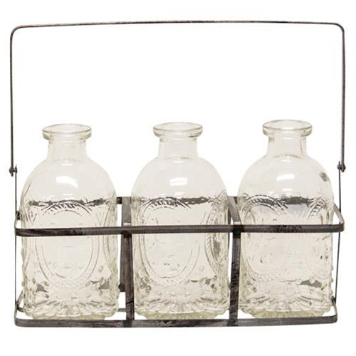 Metal Carrier With 3 Vintage Embossed Glass Bottles (Pack of 4)