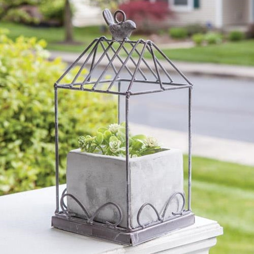 Graywash Metal Birdcage With Cement Planter (Pack of 4)