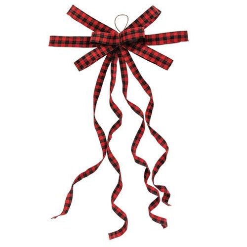 Red & Black Plaid Curly Ribbon Bow Ornament (Pack of 4)