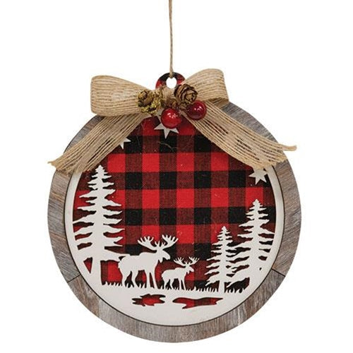 Wooden Red & Black Plaid Moose Scene Ornament (Pack of 4)
