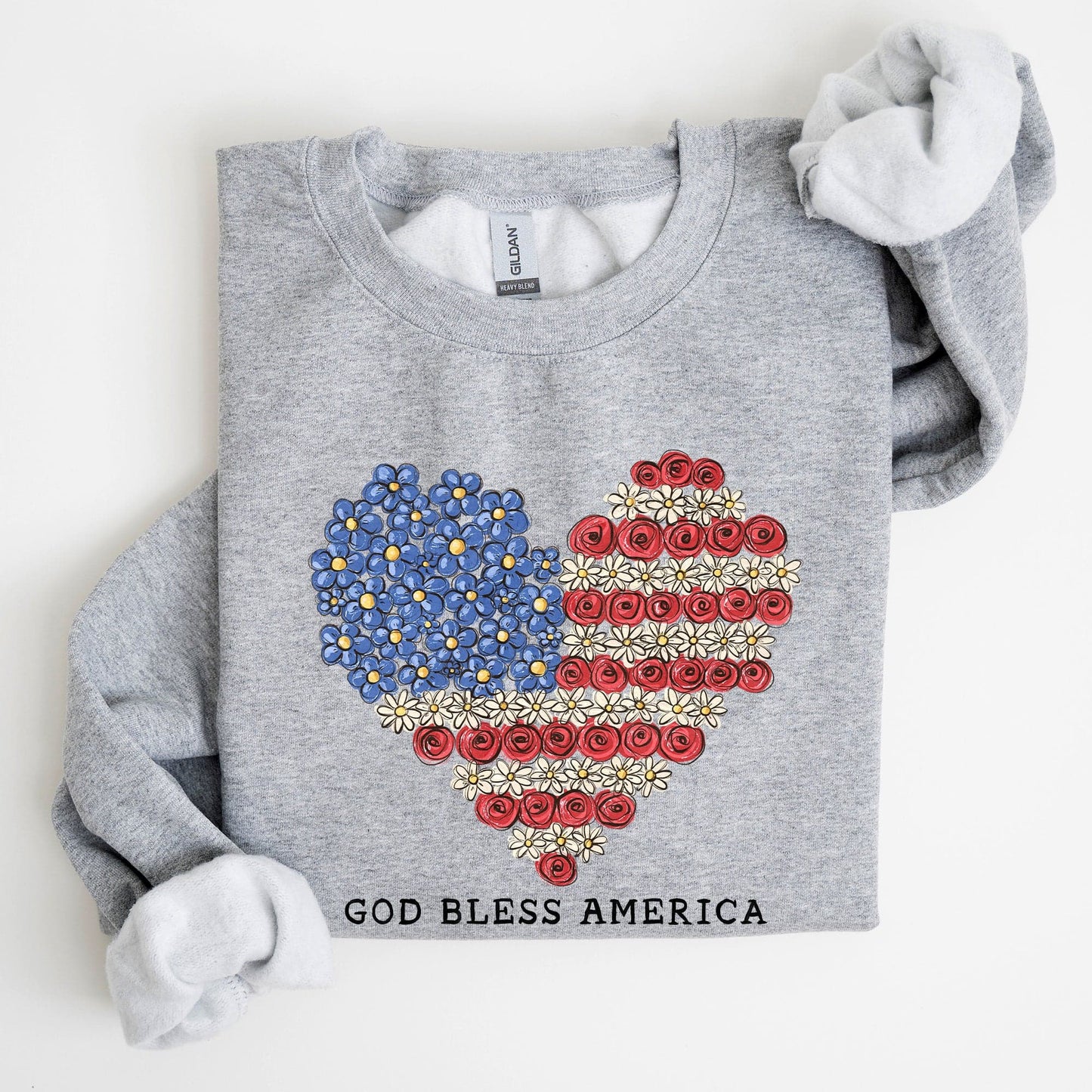 God Bless America Flowers Flag Heart Patriotic Floral Emblem Cozy Cotton Vintage Heritage Sweatshirt