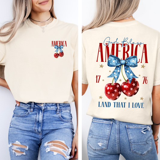 God Bless America Patriotic Cherries USA Fourth Of July Flag Design Comfort Colors Tee