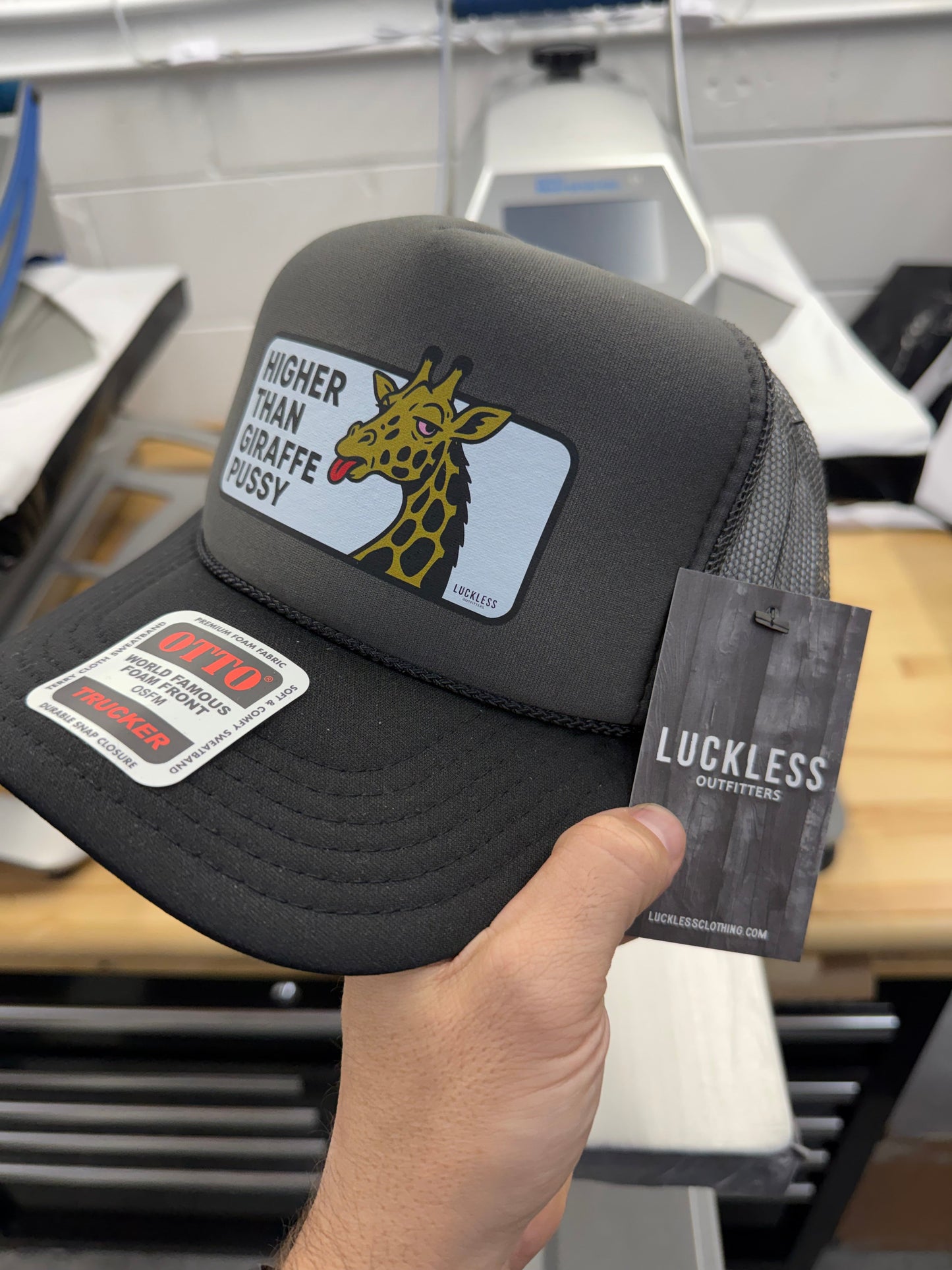 Higher Than Giraffe Pussy Foam Mesh Trucker Hat by Luckless Outfitters