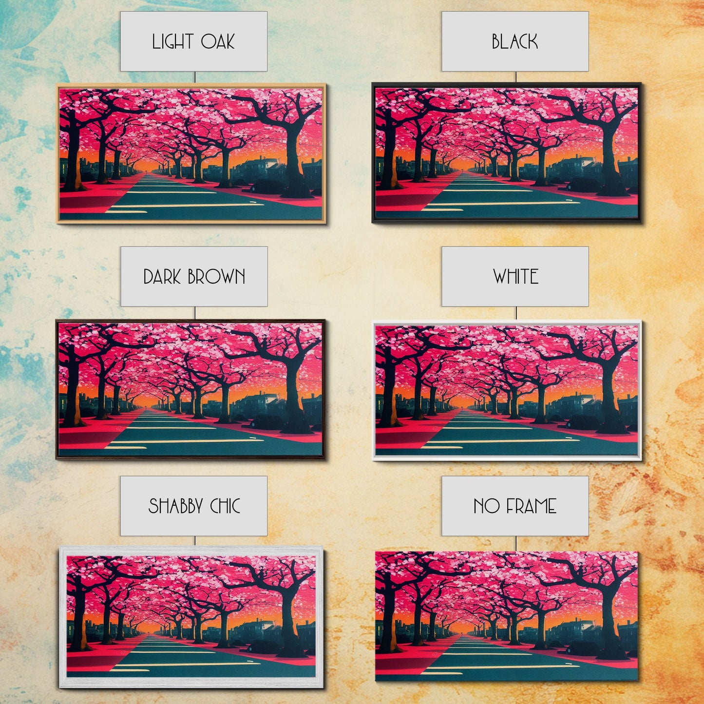 Street lined with Cherry Blossoms, Cherry Blossom Tree Art, Framed Canvas Print, Ready To Hang Wall Art, Framed Wall Art