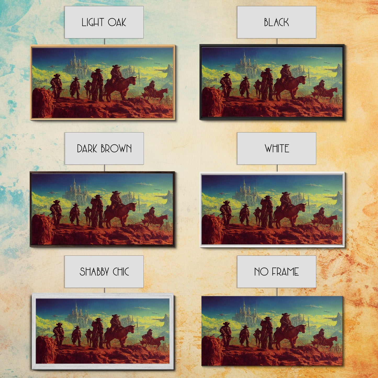 Space Cowboys, Wildwest Scifi Mashup Fantasy Art, framed canvas print, ready to hang framed wall art
