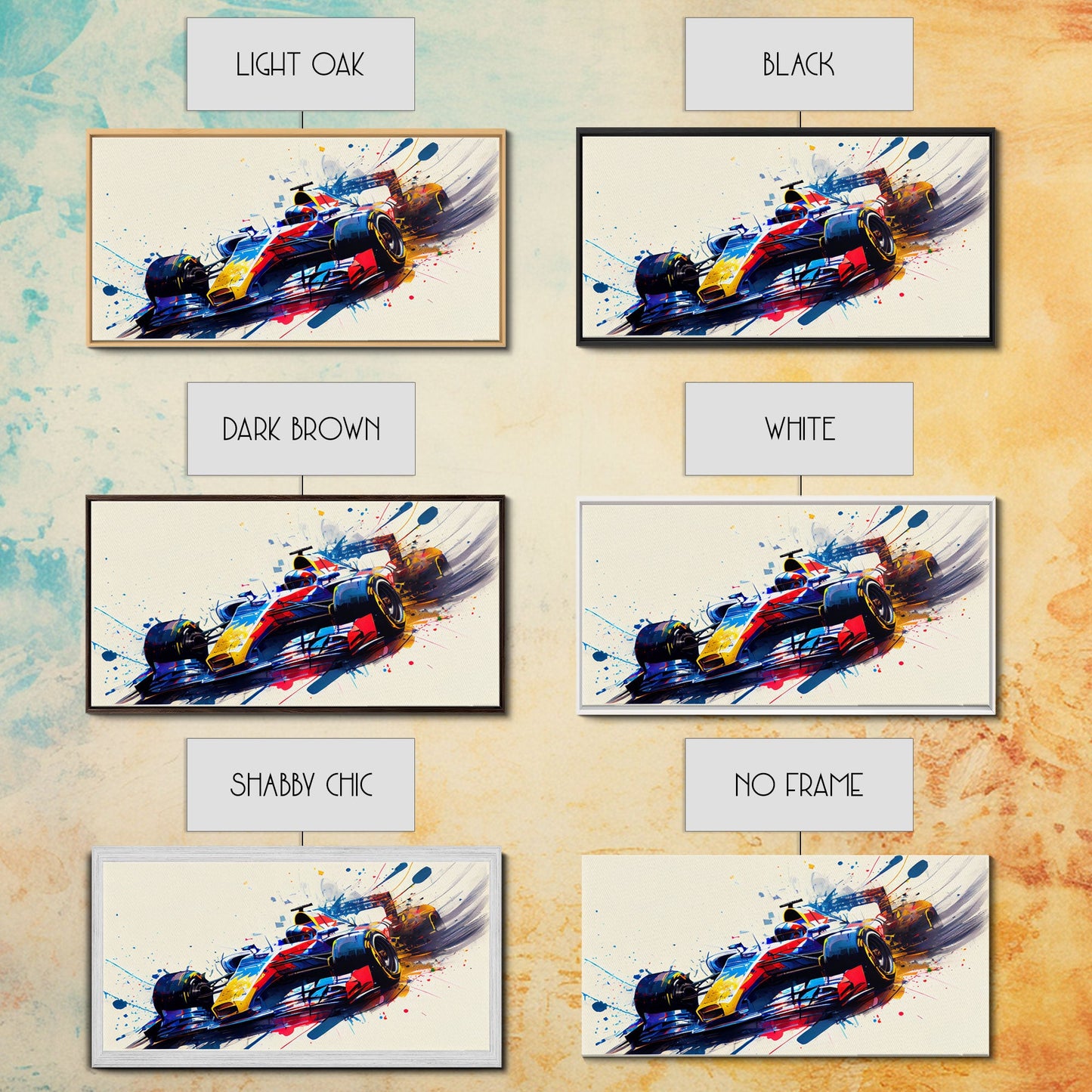 Graffiti Art, Formula One, F1 Race Car Splatter Paint Art, Framed Canvas Print