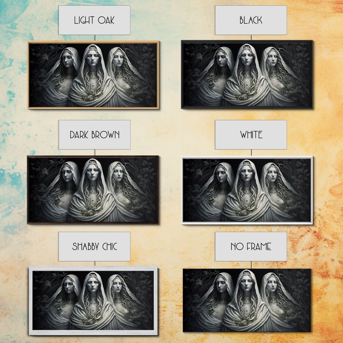 The Norns, Norse Mythology, Weavers of Fate, Framed Canvas Print, Urðr, Verðandi, and Skuld, Black and White Norse Fantasy Art