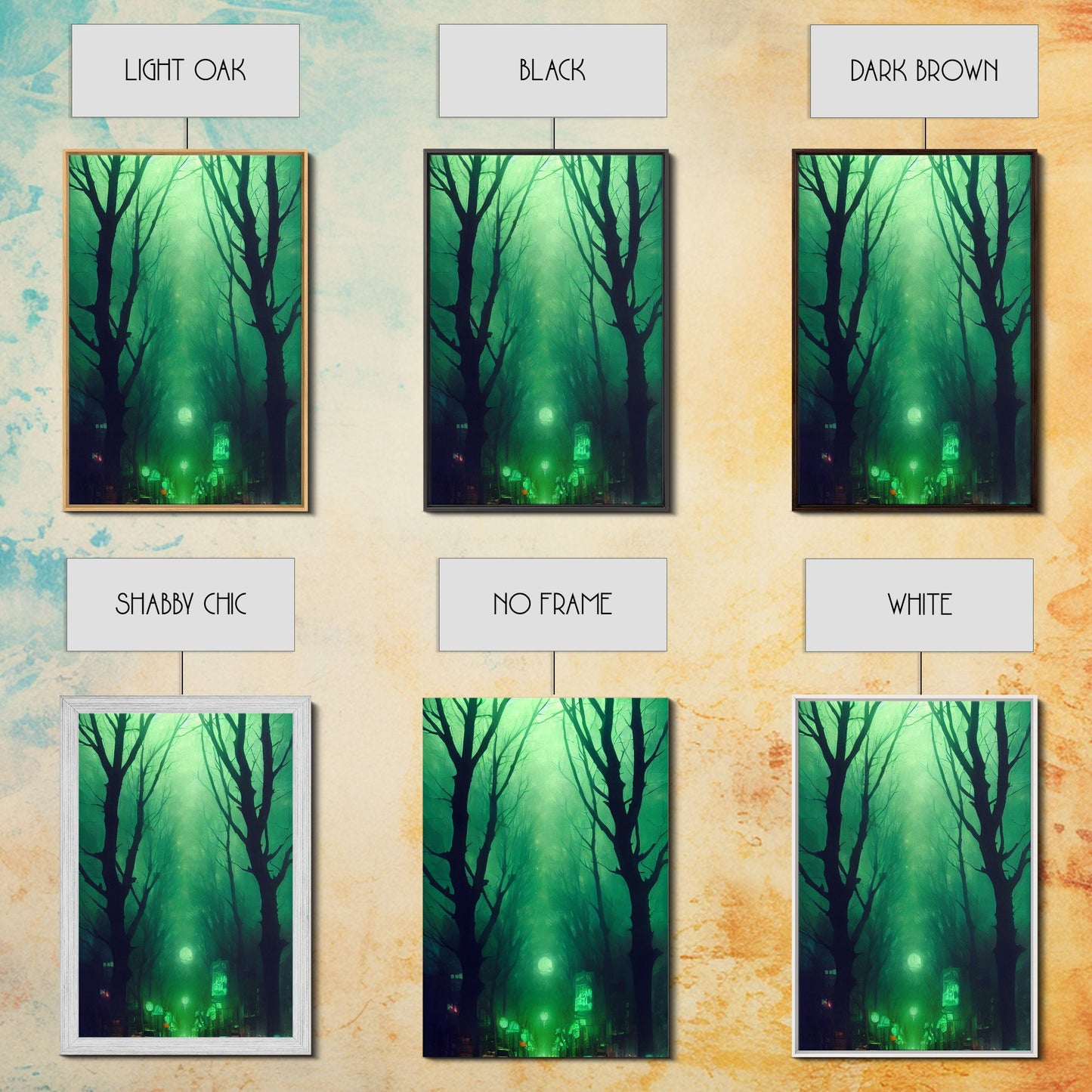 Emerald green city streets under a full moon, cool spooky art, framed canvas print