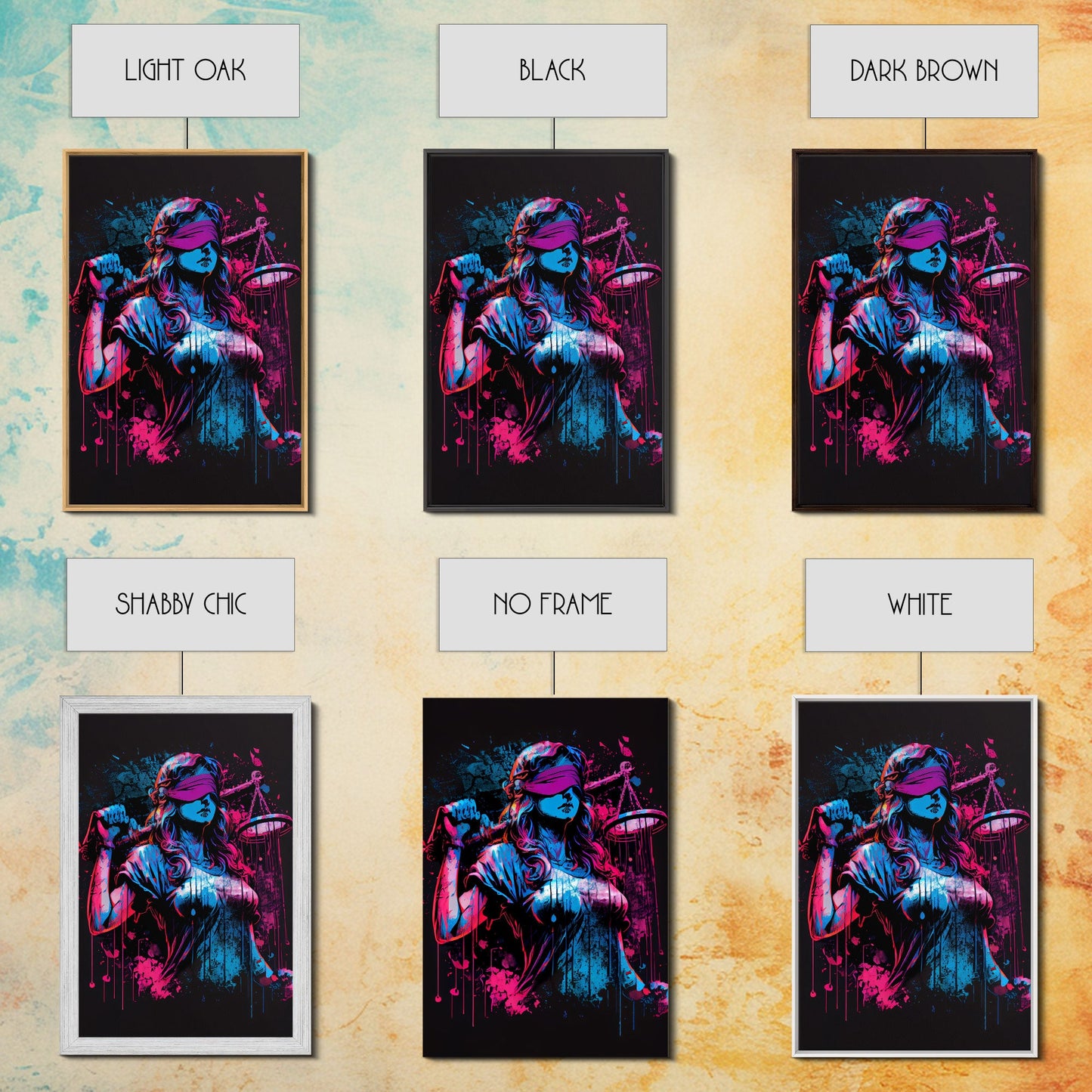 Graffiti art, lady justice, vaporwave cyberpunk justice is blind, fine art poster print