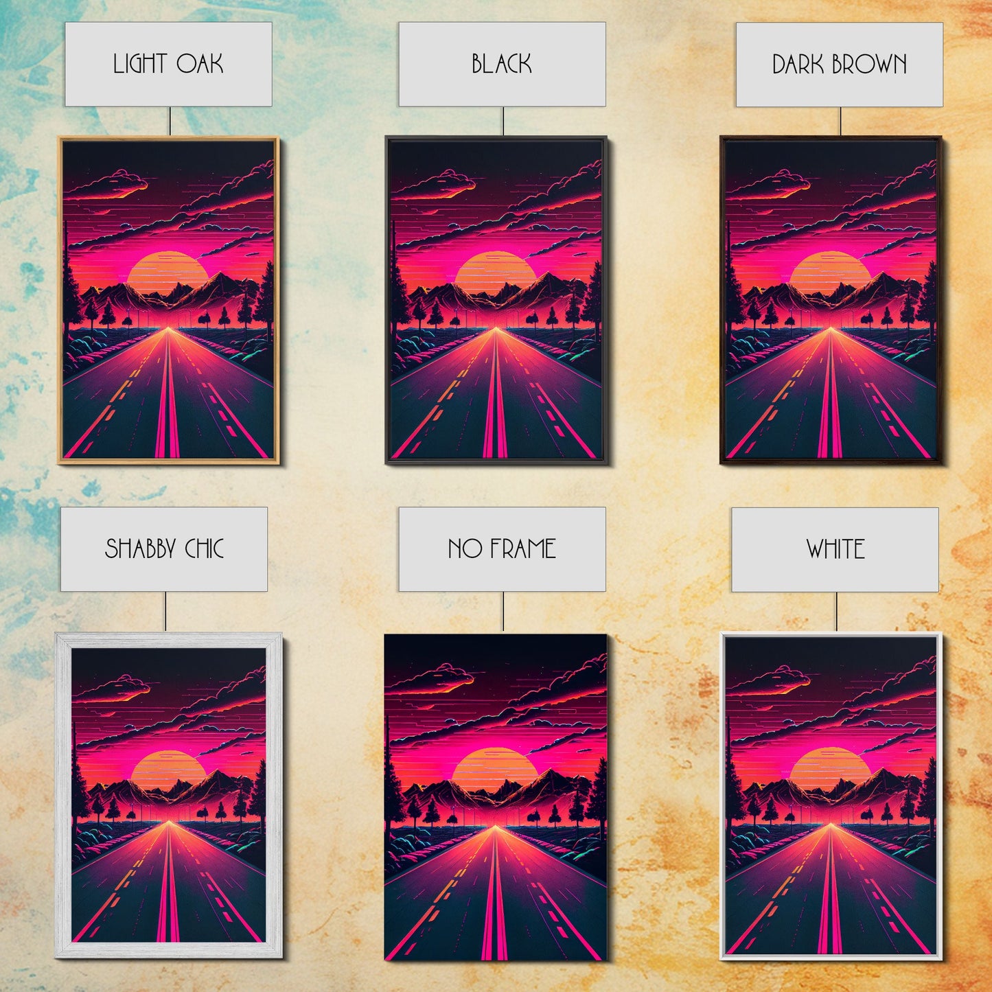 Outrun Sunset over the Arizona mountains, neon aesthetic art, framed canvas print