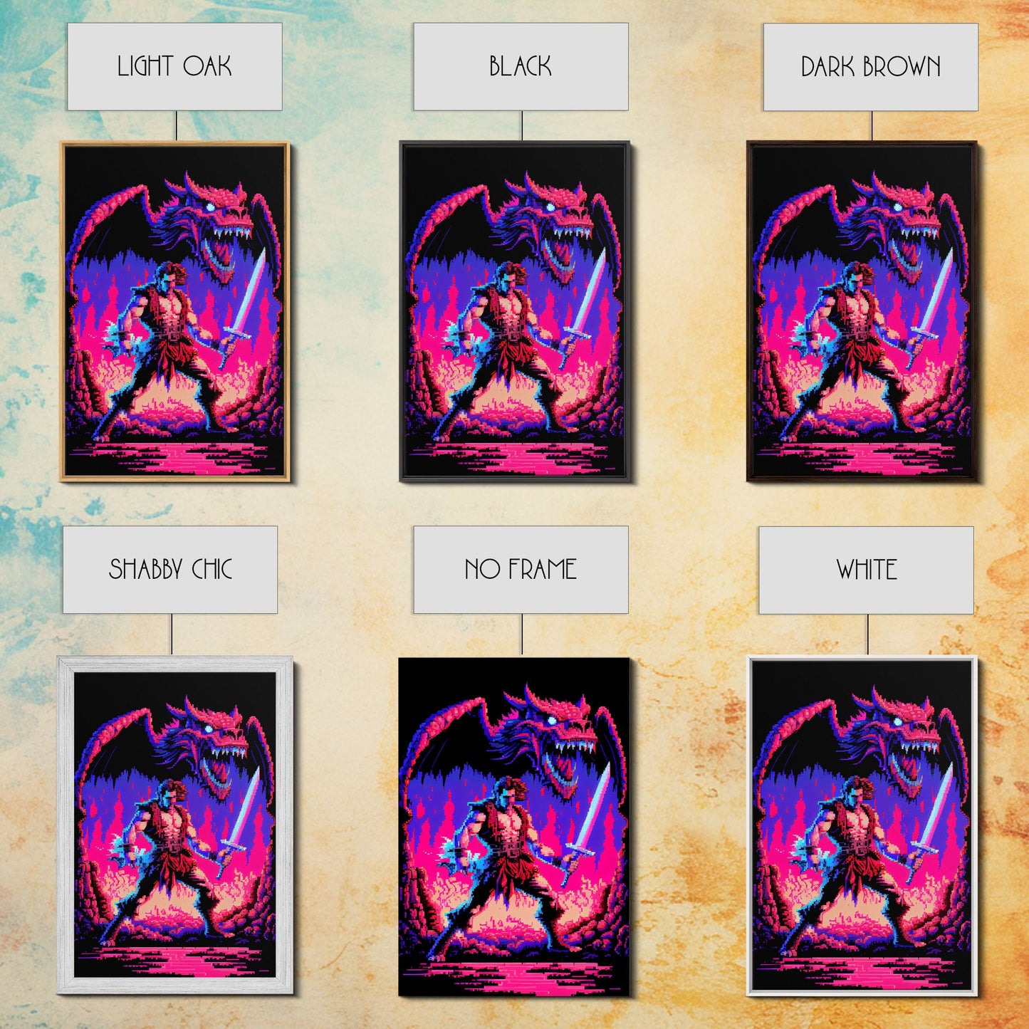 Tabletop RPG art, vaporwave neon aesthetic, Barbarian art, framed canvas print