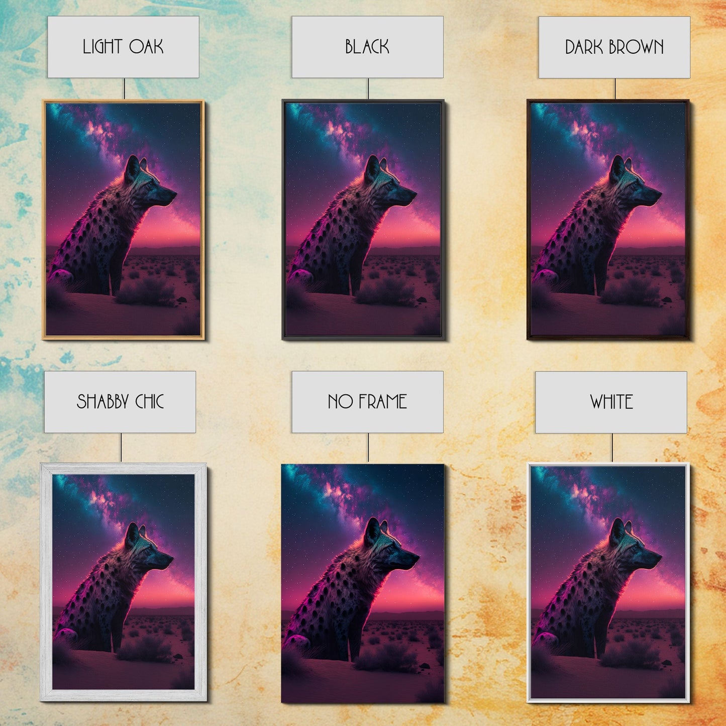 Portrait of a Neon Hyena, Laughing Hyenas, Framed Canvas Print, Unique Wall Art, Kid Room Art, Synthwave Retro Style Decor