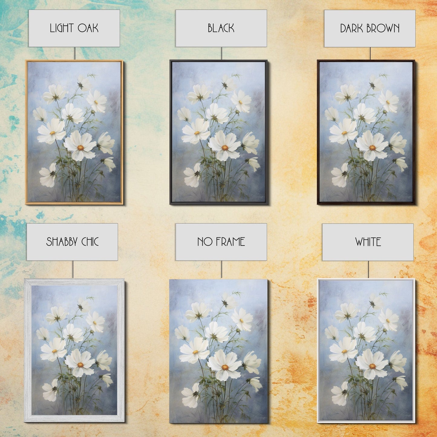 Cosmos Art Print - Framed Canvas Art - Oil Painting Poster Print - White Flowers Still Life - Small Flower Bouquet Oil Painting Wall Art