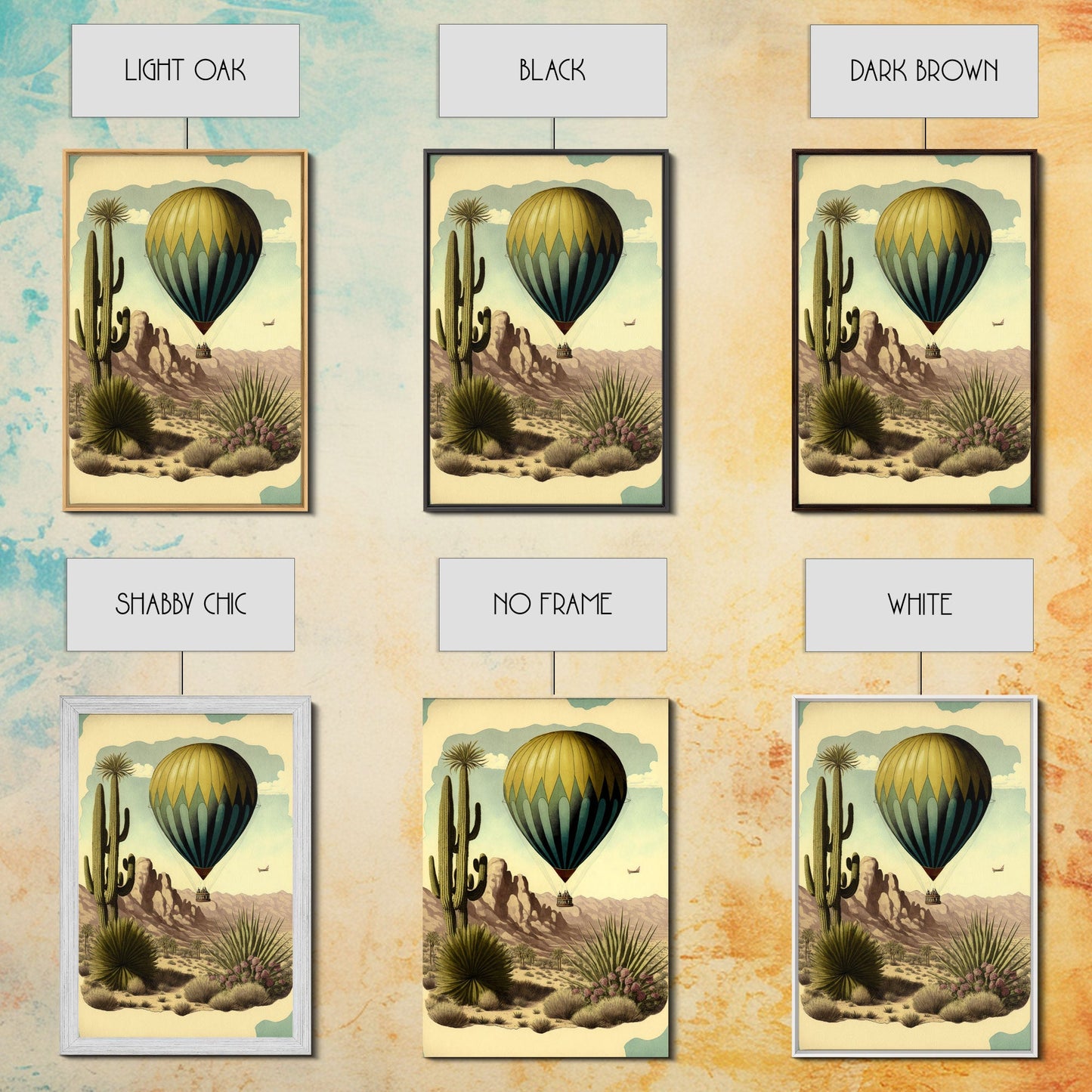 Retro Art Deco Style Hot Air Balloon Art, Framed Canvas print, framed wall art, desert landscape with cactus
