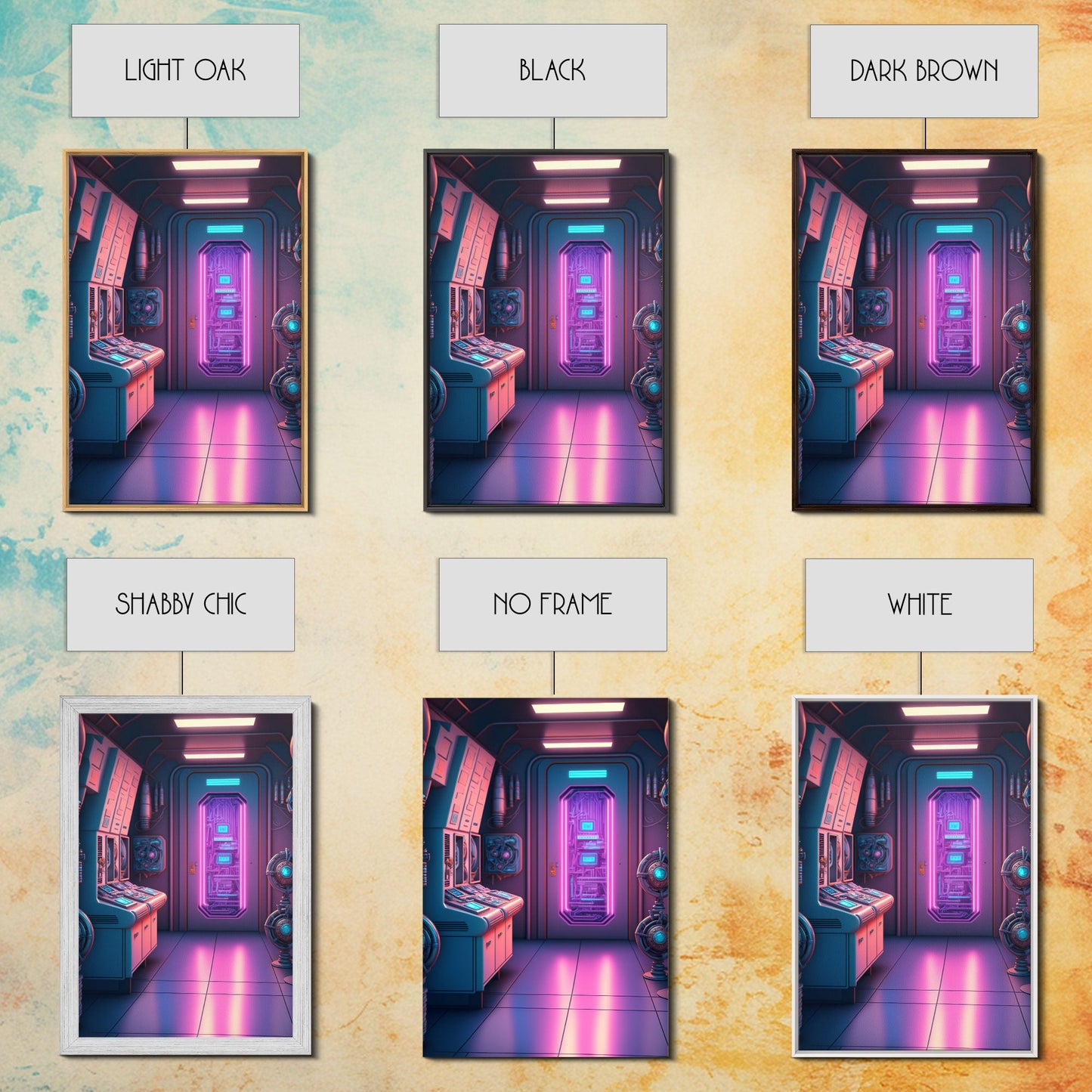 Vaporwave Futuristic Cyberpunk Space Ship Control Room, Framed Canvas Print, Scifi Art