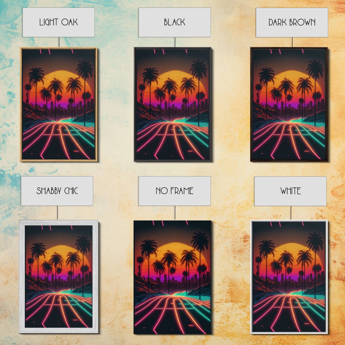 Neon Wireframe Road at Sunset, Outrun / Synthwave Palm Tree Art, 80s Retro Inspired Art, Framed Canvas Print