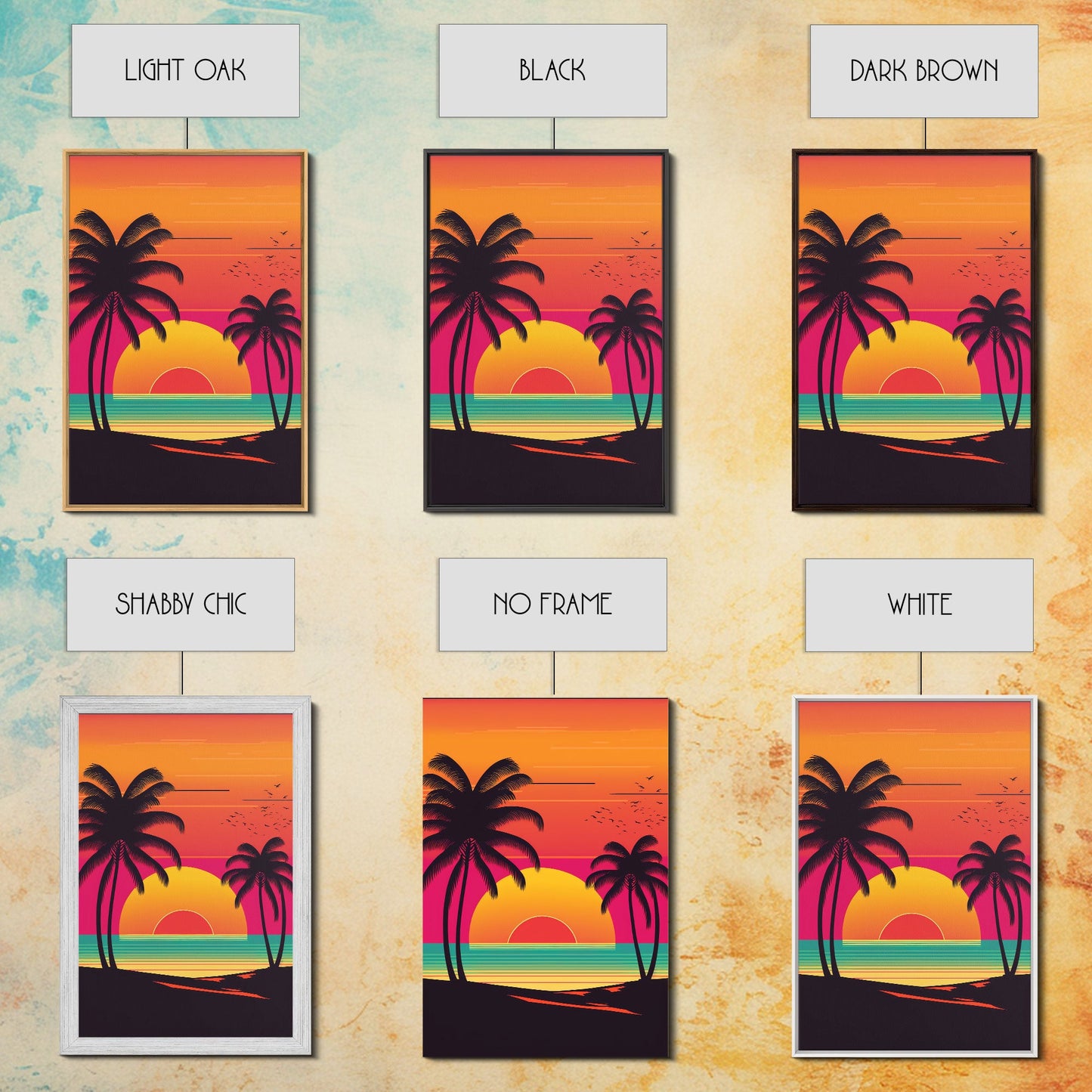 Retro Beach Vibes, Palm Trees at Sunset, Retrowave Landscape Art, Framed Canvas Print, Florida Art, California Art, Game Room Decor