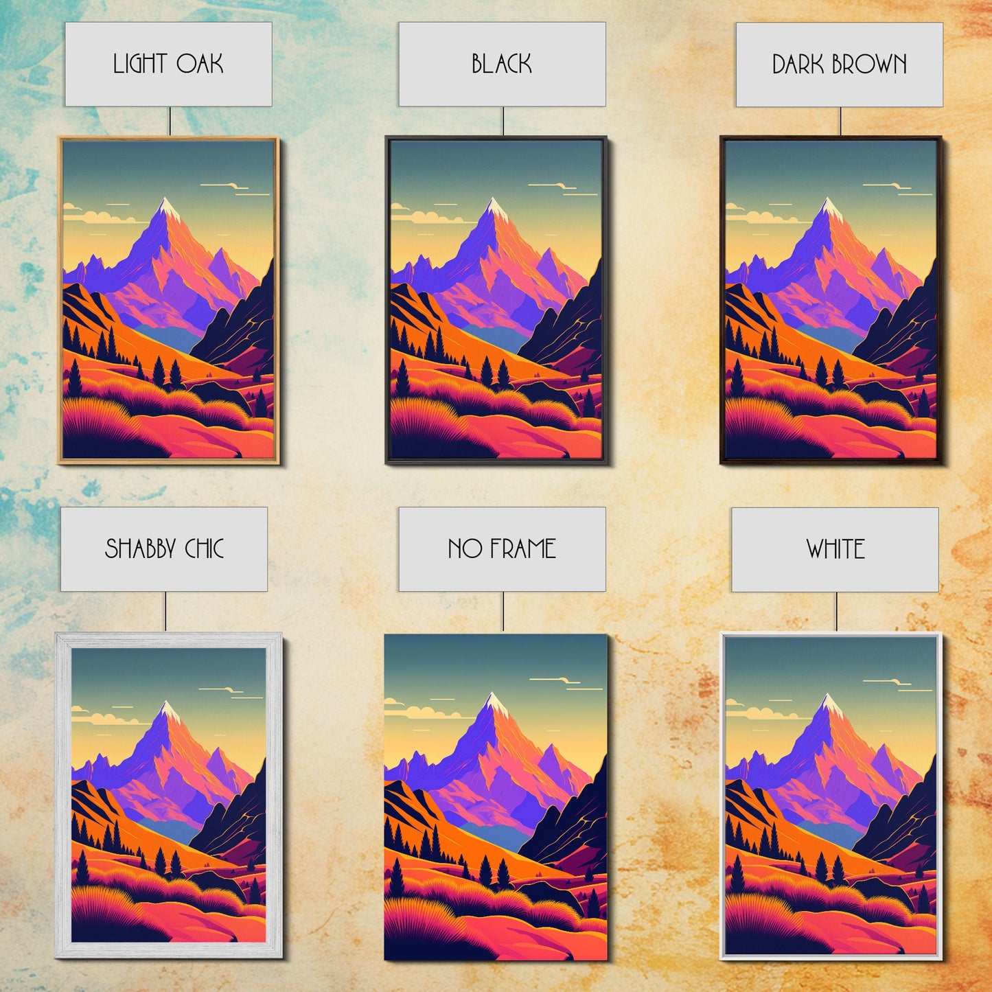 Retro Purple Midcentury Style Wall Art, Framed Canvas Print, Colorful Wall Art, Mountain Landscape, Office Decor, Low Res Art