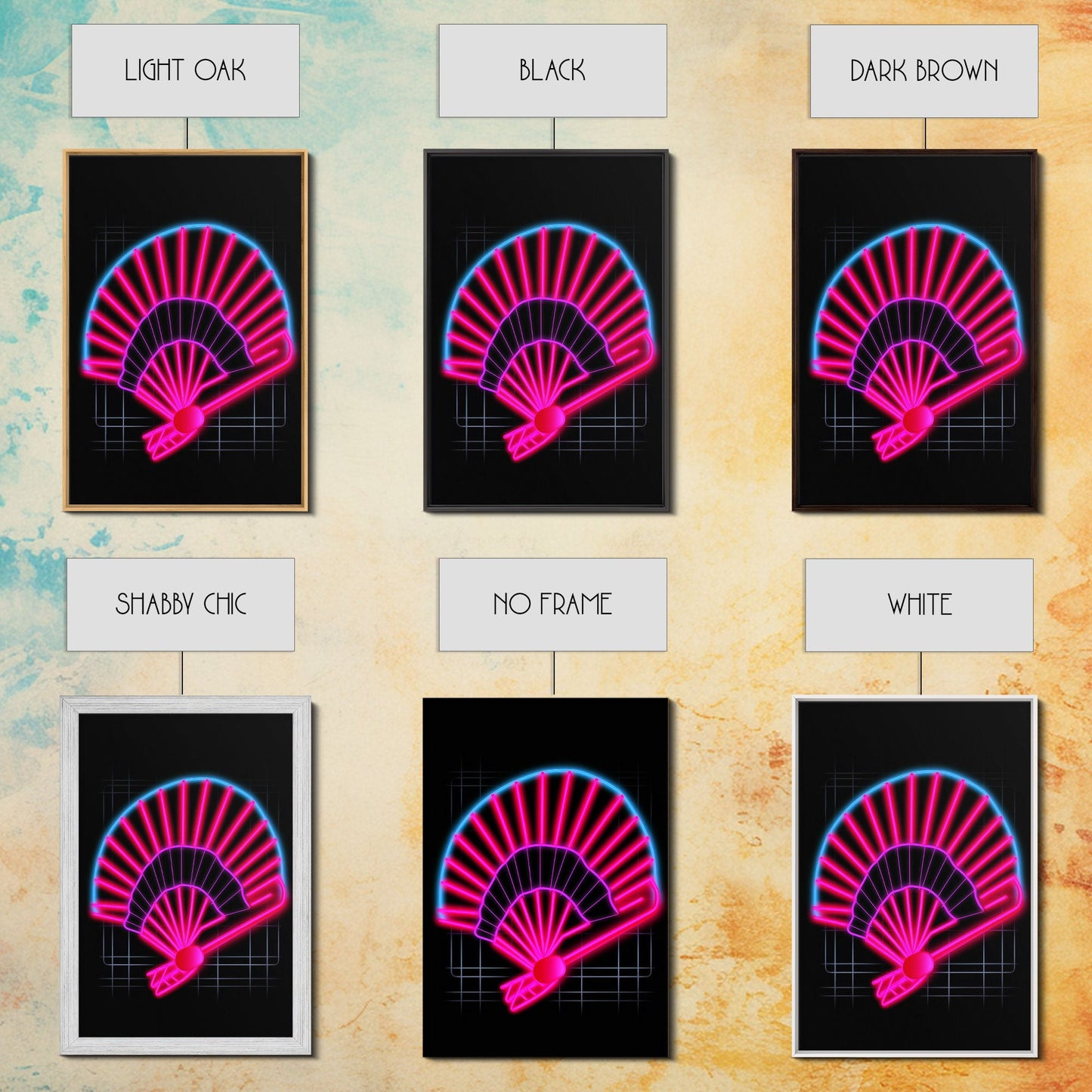 Neon Lights Folding Fan Wall Art, Line Art Print, Pink, Glowing Art, Minimalist Print, Wall Decor, Canvas Print, Wall Art, Framed Canvas