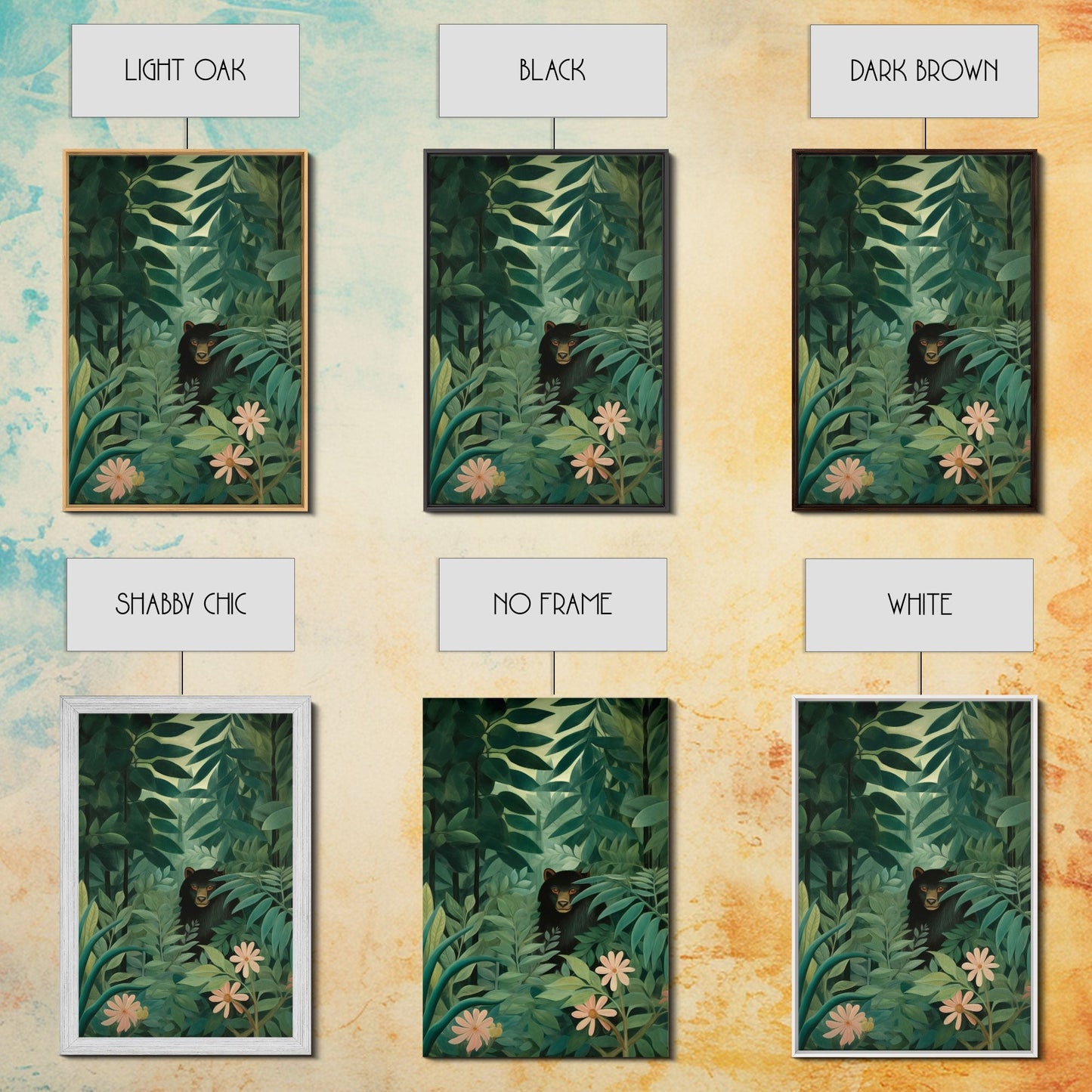 Rousseau Inspired Botanical Print, Framed Canvas Art, Bear Hiding In The Jungle, Dark Green Wall Art, Emerald Green Wall Art, Poster Print