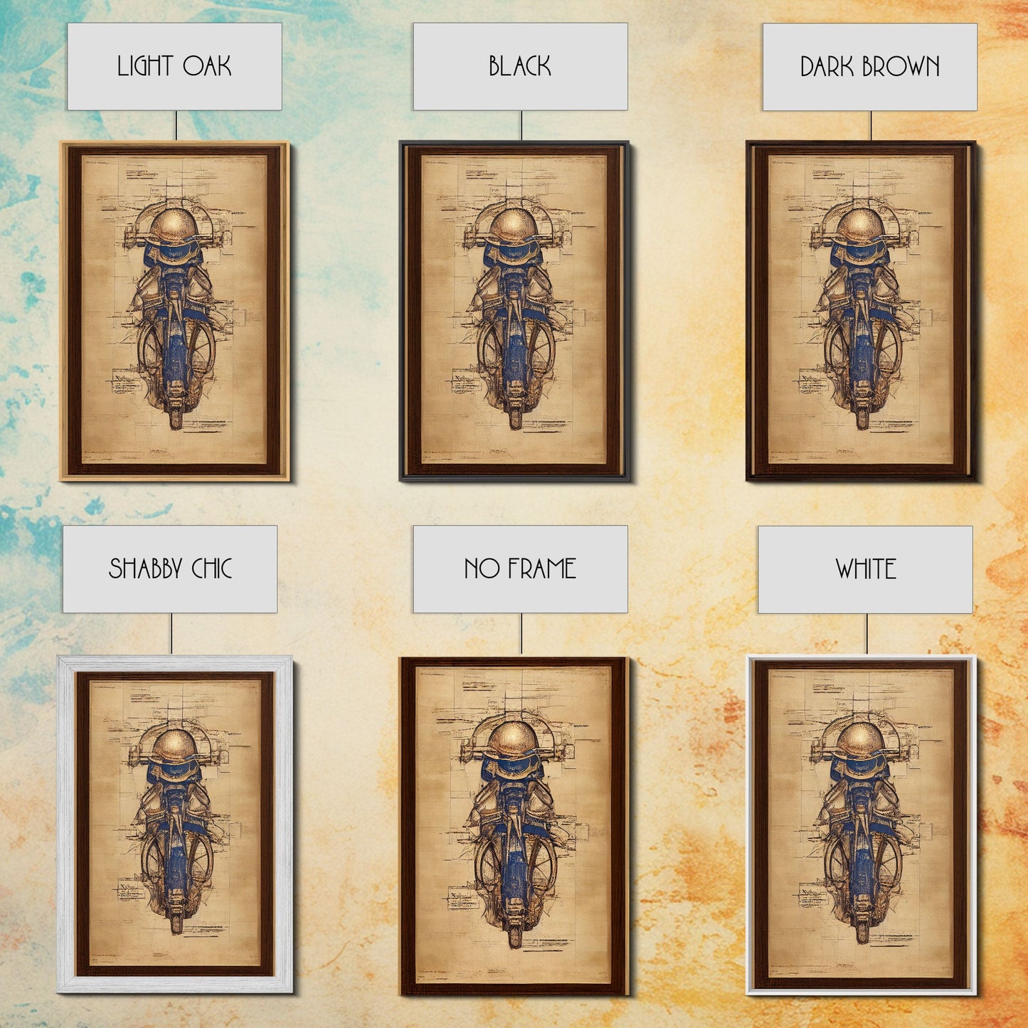 Da Vinci style steampunk motorcycle diagram, canvas print, man cave wall art, motorcycle art