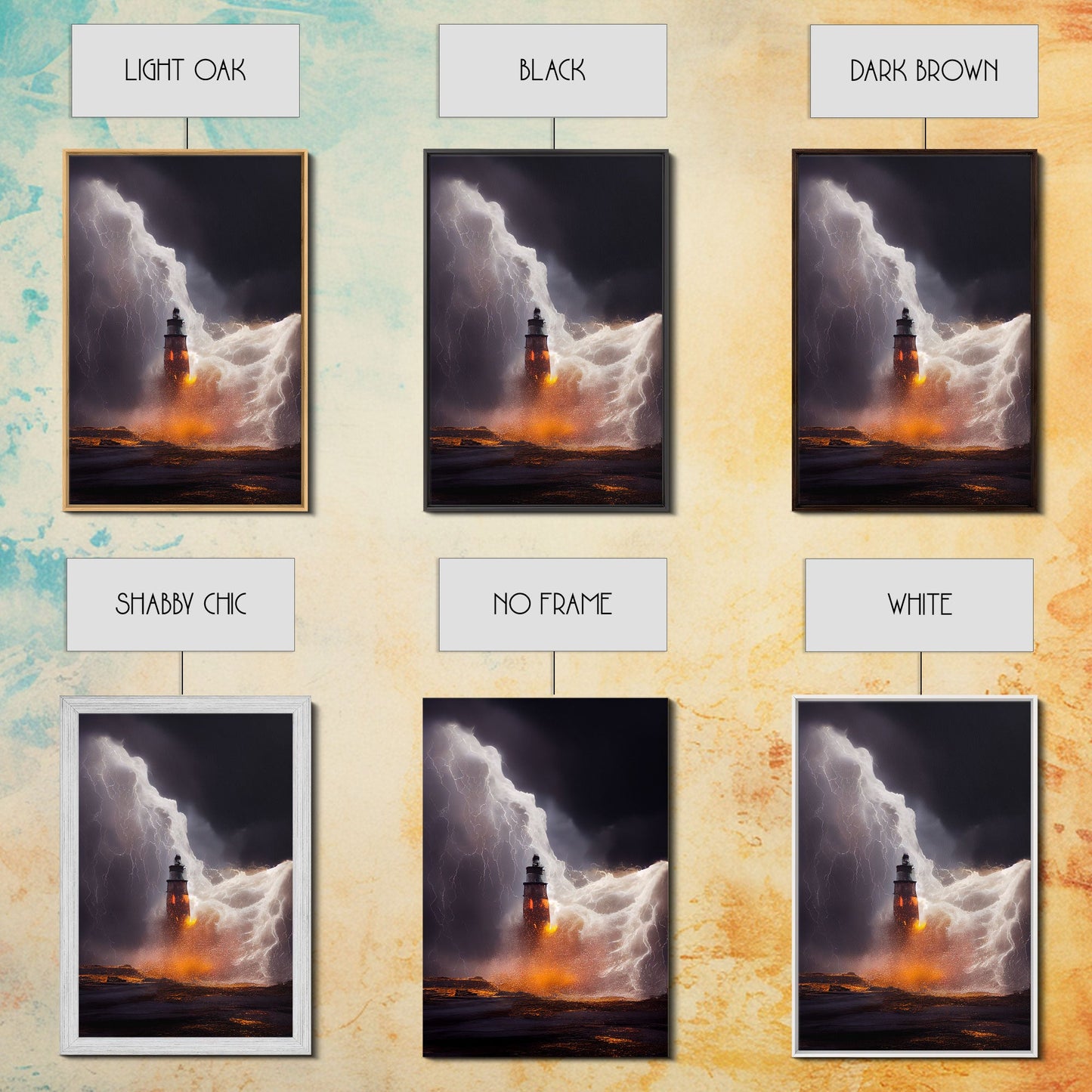 Lightning striking a burning lighthouse, canvas print, oil painting style, dark and gloomy wall art