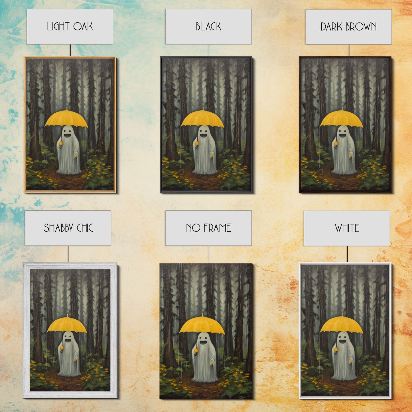 Happy Ghost In The Rain, Vintage Halloween Canvas, Framed Canvas Print, Cute Wall Art, Who's Haunting Who?