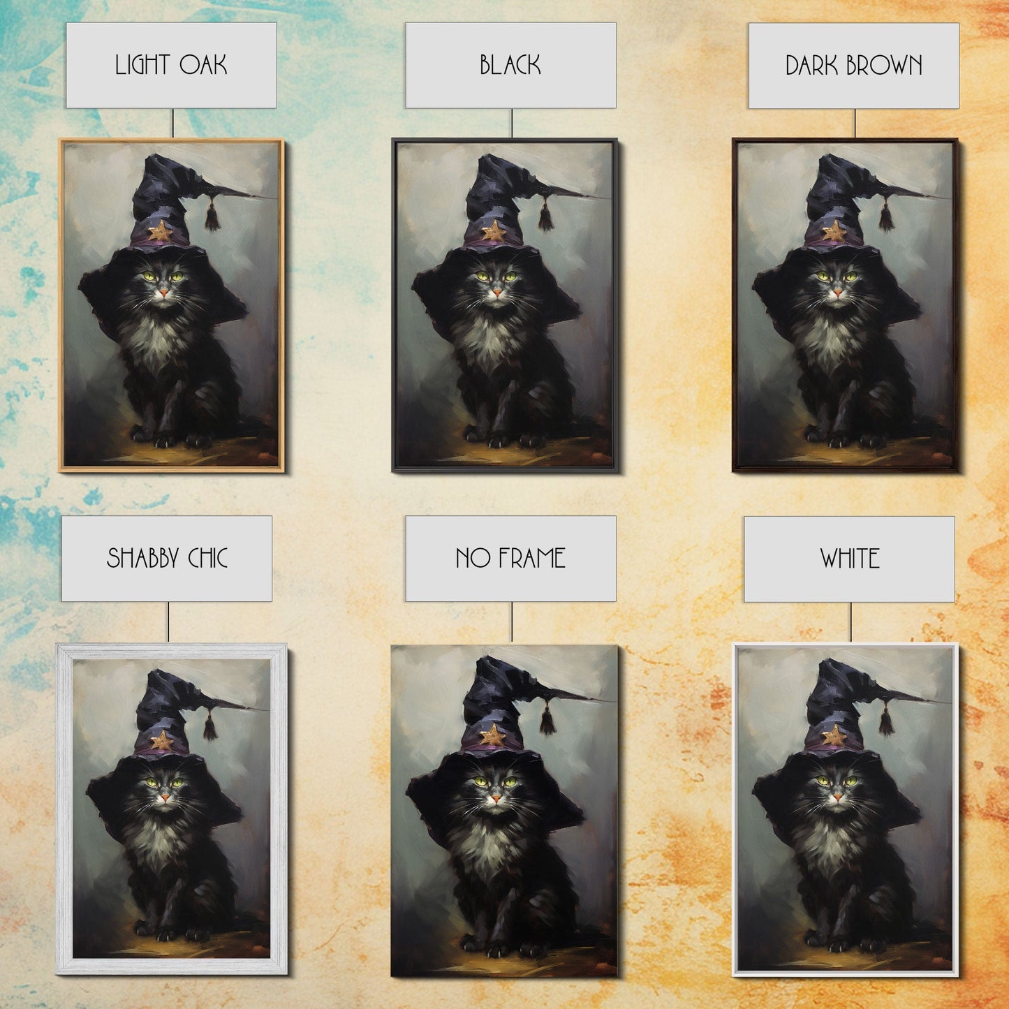 The Wizard Cat, Framed Canvas Print, Dark Academia Halloween Art, Victorian Cat Oil Painting, Goth Halloween Decor