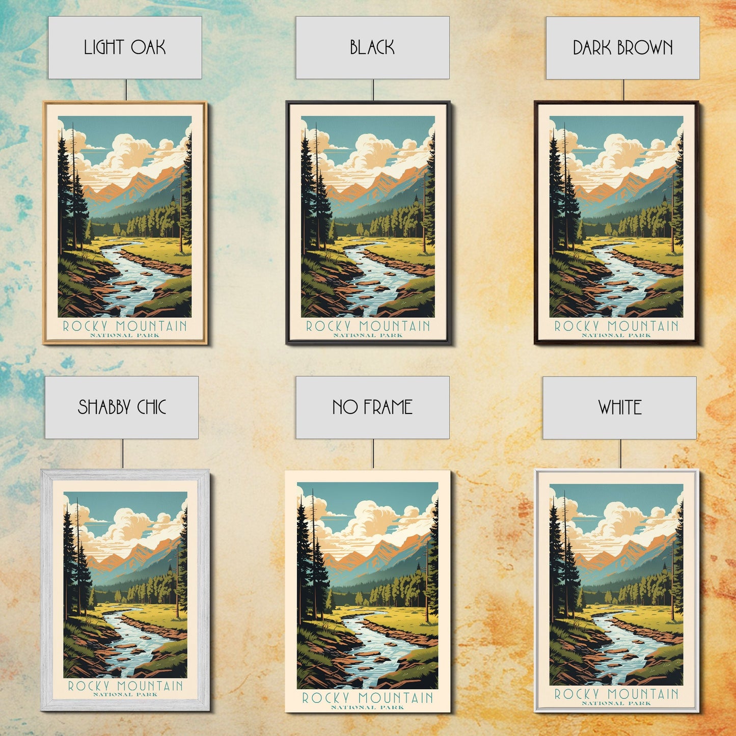 Rocky Mountains National Park Colorado Travel Art, National Park Print, Minimalist Travel Art, Midcentury Modern Style Landscape Painting