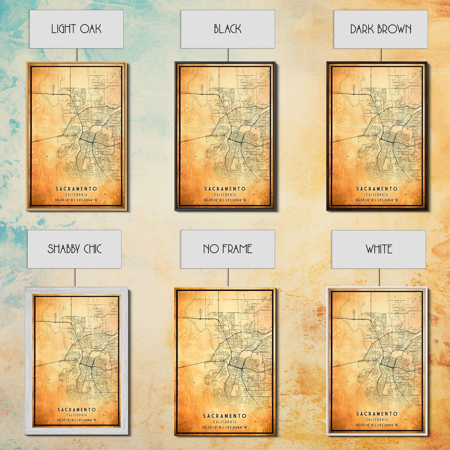 Vintage Sacramento map print poster or framed canvas | Sacramento city map print poster canvas | Sacramento, California print poster canvas