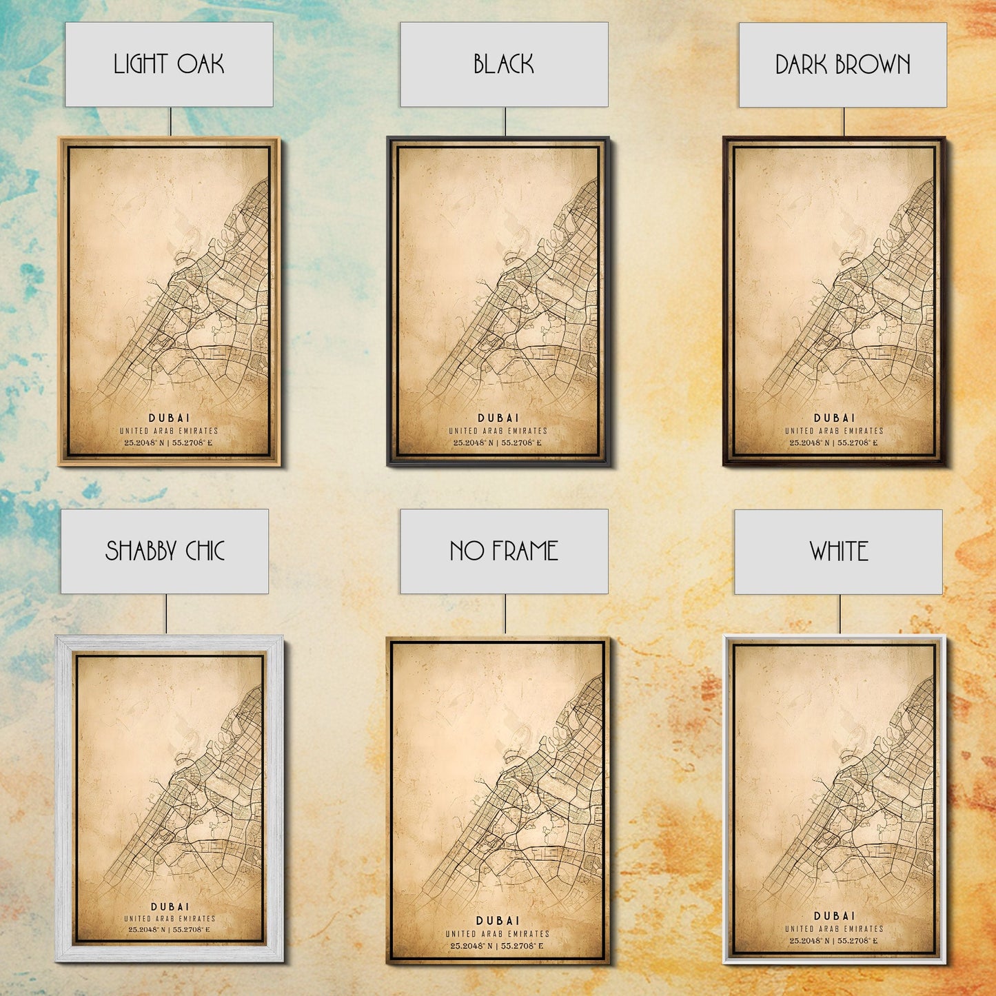 Dubai UAE map print poster or framed canvas, Dubai map print poster canvas, Dubai city map print poster canvas, Vintage Travel Art