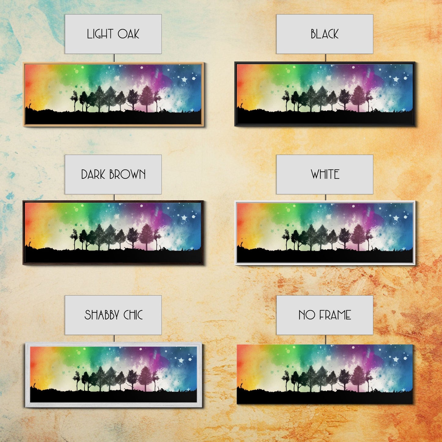Large Abstract Art Print, Colorful Watercolor Sky, Silhouette Trees, Tie Die Sky, Framed Canvas Print, Panoramic, Wall Art, Canvas Print