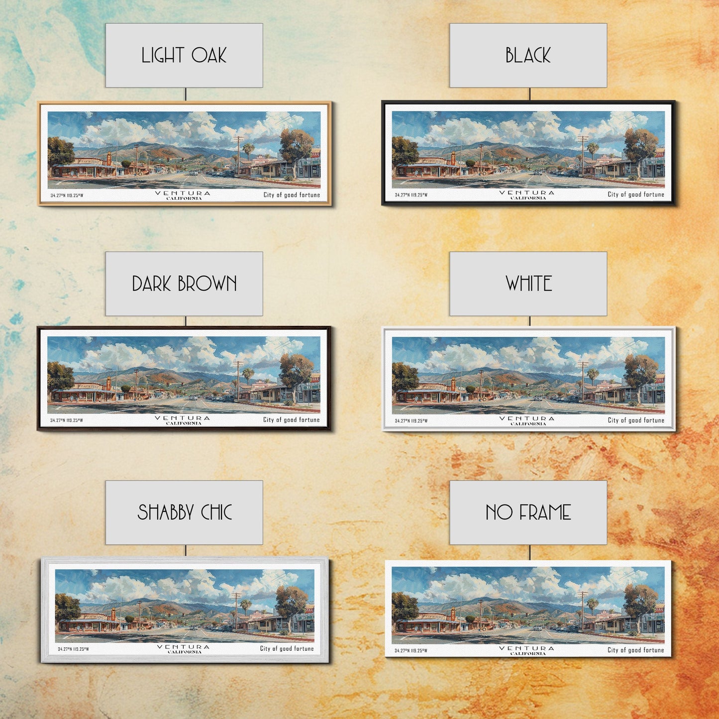Ventura California Panoramic Painting, Framed Canvas Print, Artistic Travel Poster, Retro Wall Art, Unique Office Decor, Living Room Gift