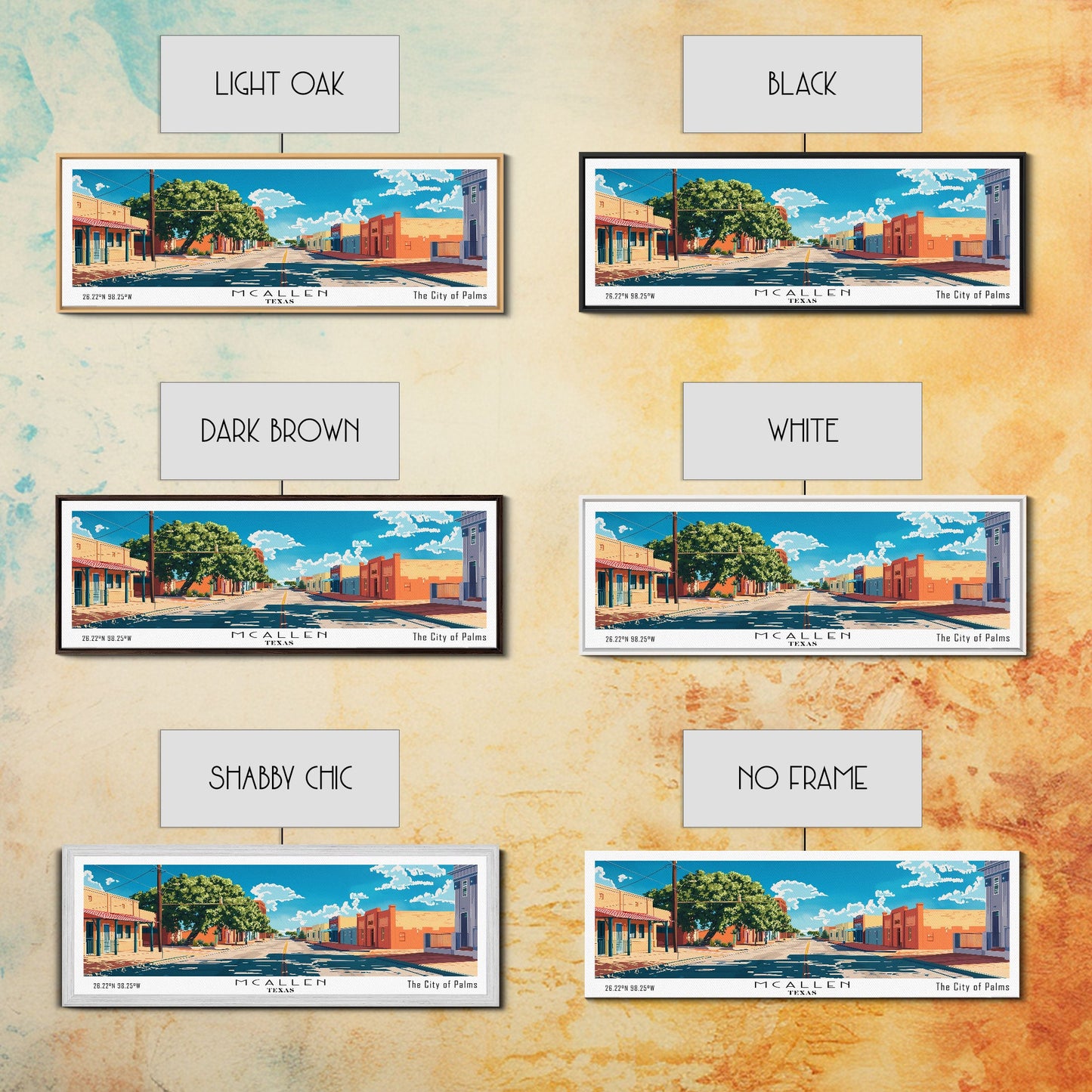 McAllen Texas Panoramic Wall Art, Mid Century Modern Framed Canvas Print, Retro Pop Art Travel Poster, Home Wall Art