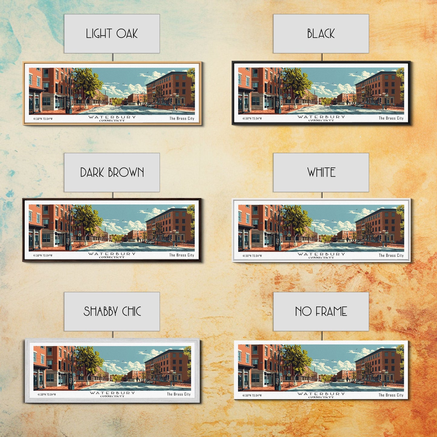 Waterbury Connecticut Panoramic Wall Art, Mid Century Modern Framed Canvas Print, Retro Pop Art Travel Poster, City Art, Home Decoration