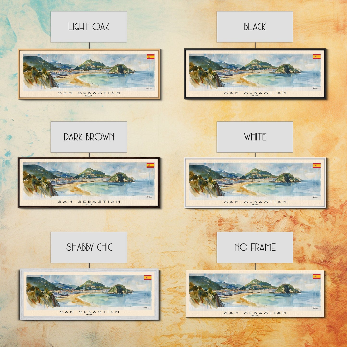 San Sebastian Spain Panoramic Travel Poster, Framed Canvas Print or Metal Wall Art, Travel Art, Home Decor, Panoramic Painting, Midcentury Art