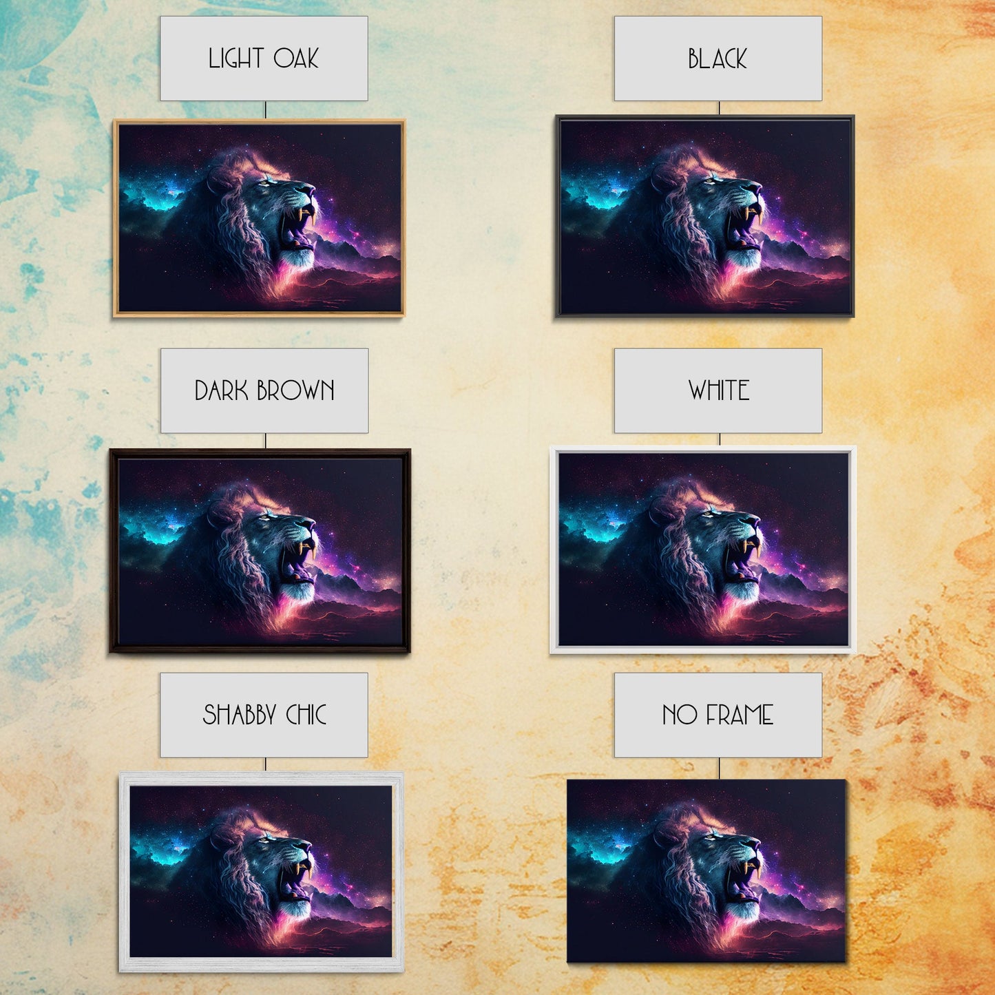 Cosmic Roar, lion roaring at the stars, synthwave galaxy and lion art, framed canvas print, unique framed wall art