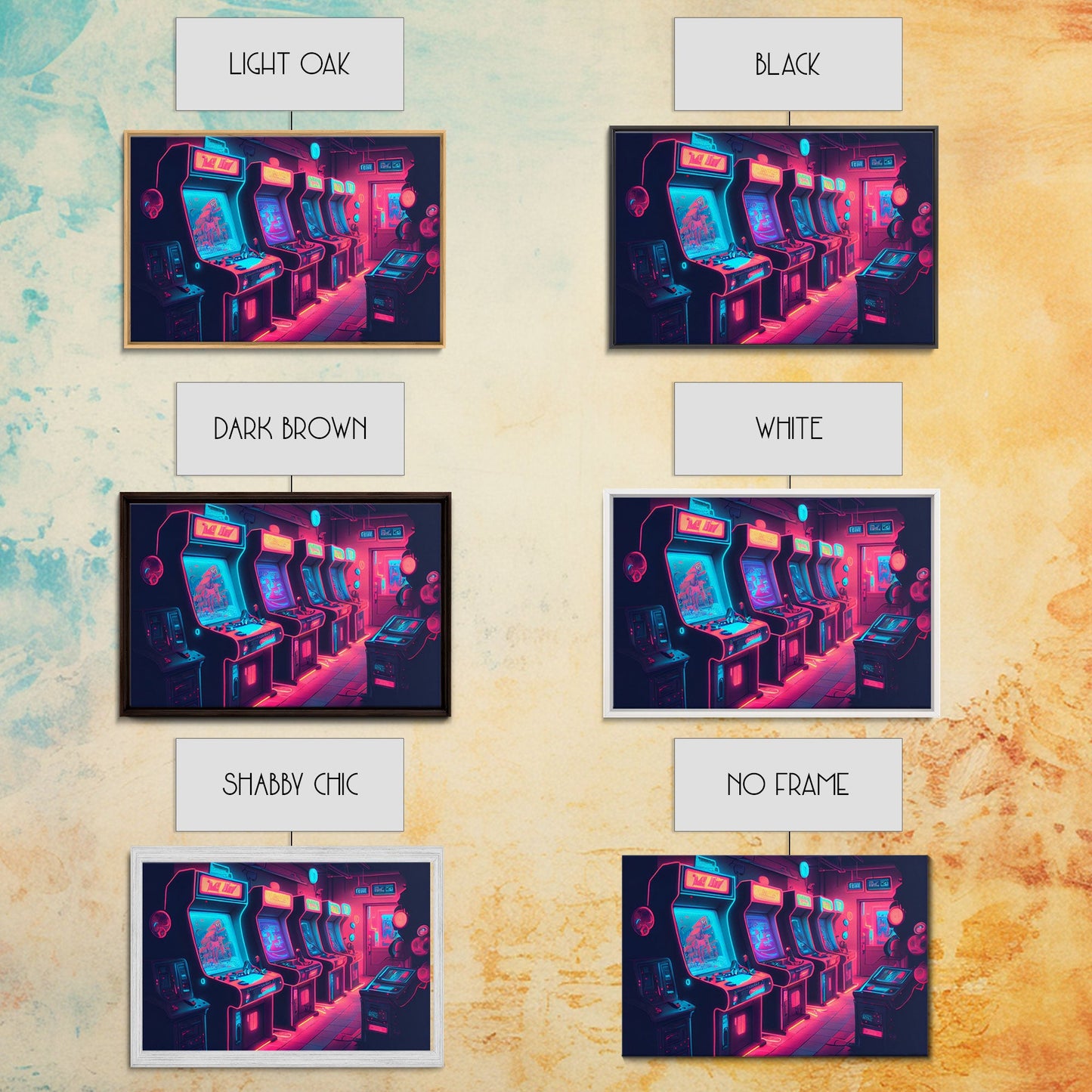 Synthwave Game Room Art, Neon retro 90s arcade room wall art, framed canvas print